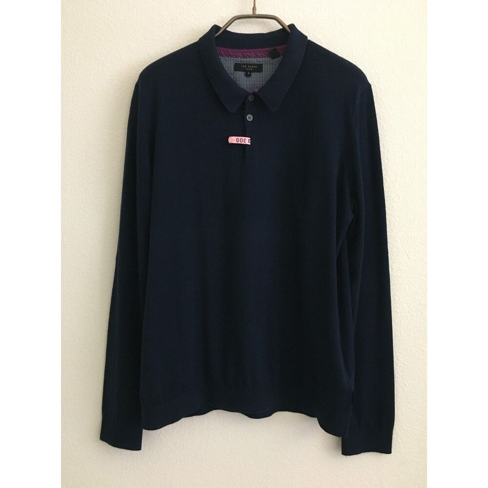 Ted Baker London Polo Shirt Men's 5 XL Navy Long Sleeve Silk Blend